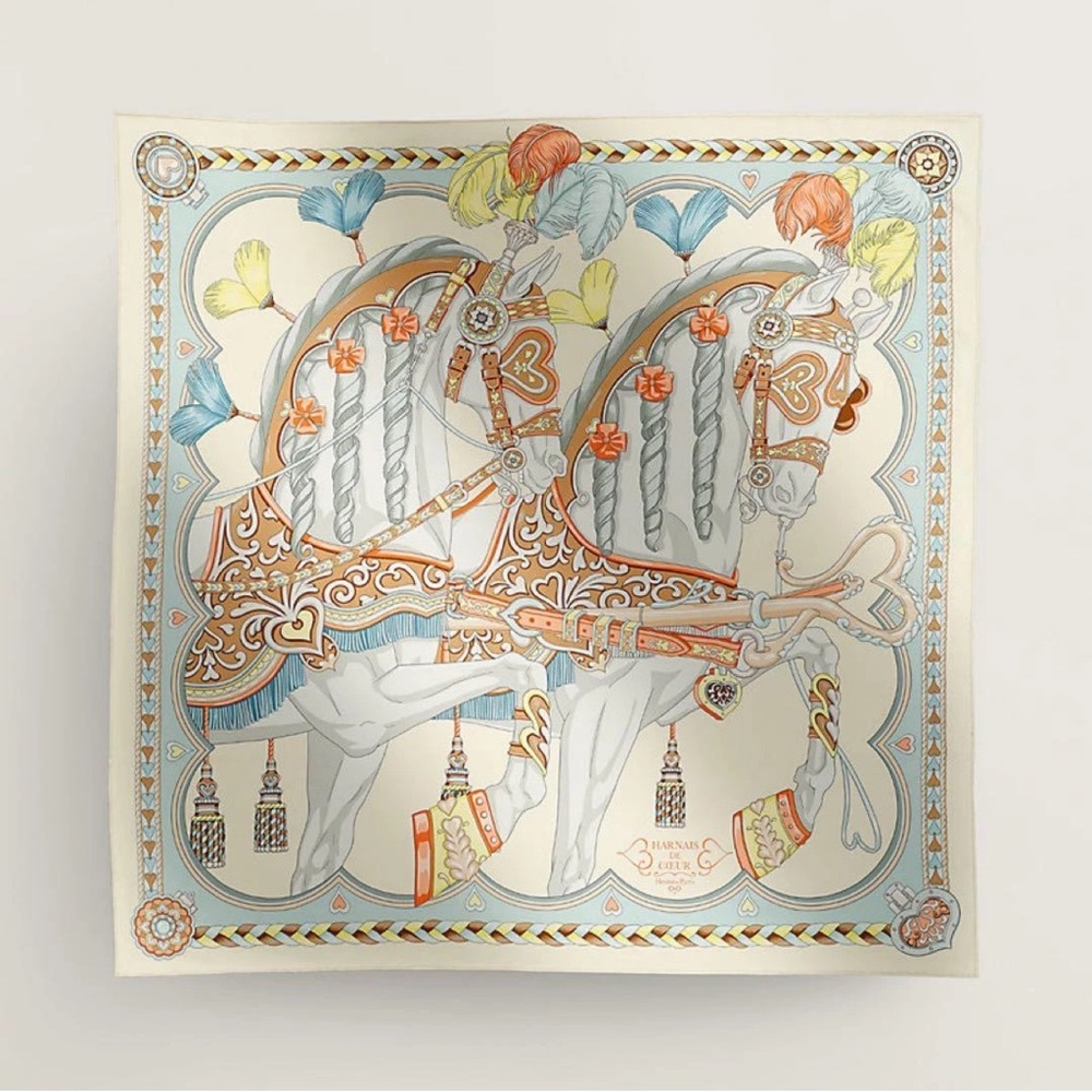 Hermes Cream and Blue Equestrian Scarf